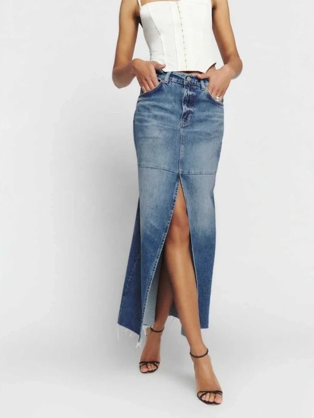 Reformation Tazz Denim Maxi Skirt Women's Size 30 100% Cotton Denim Front Slit
